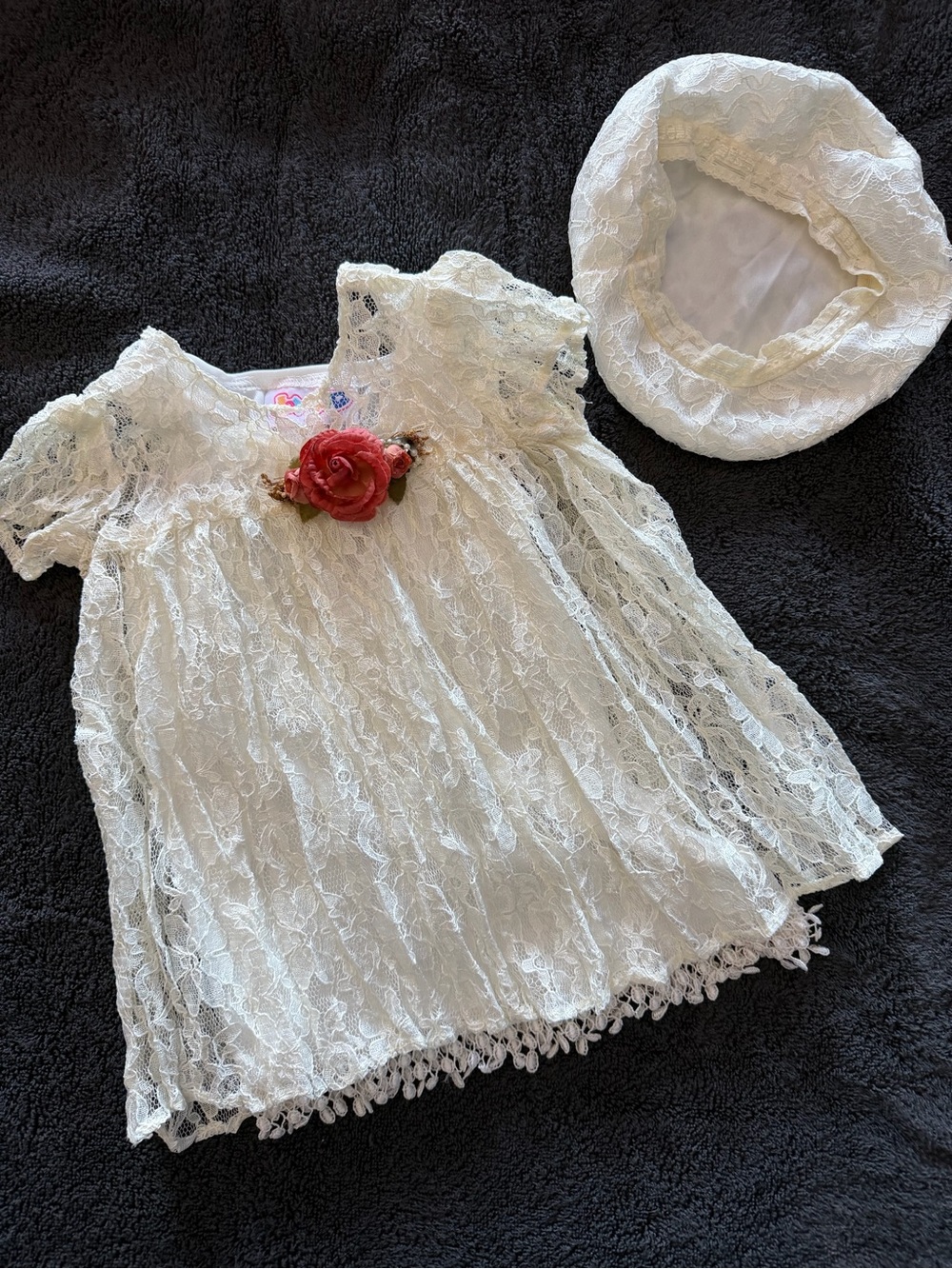 Ivory Lace Formal Dress for Girls with Pink Rose Accent and Matching Hat